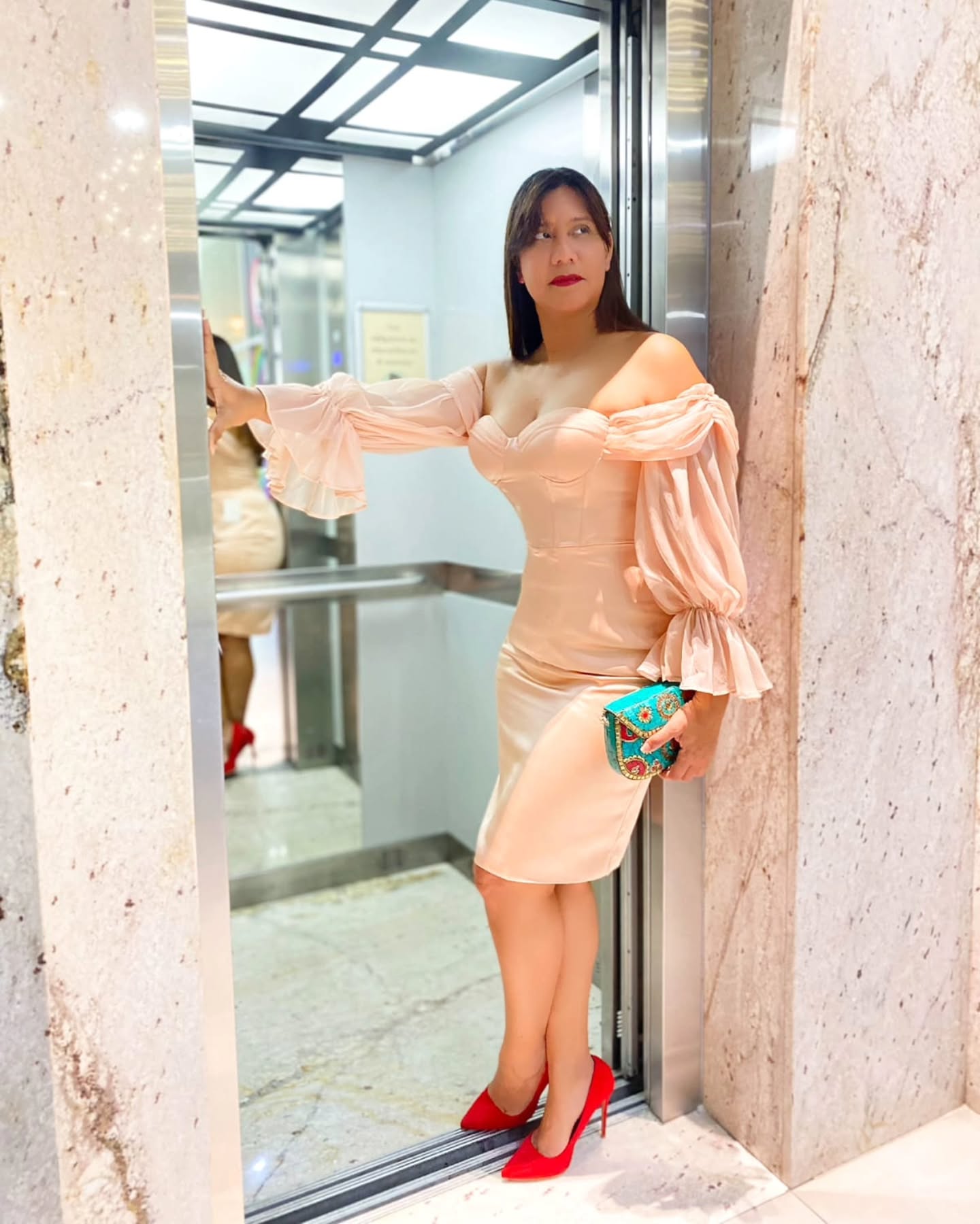Elegant peach long sleeve dress
