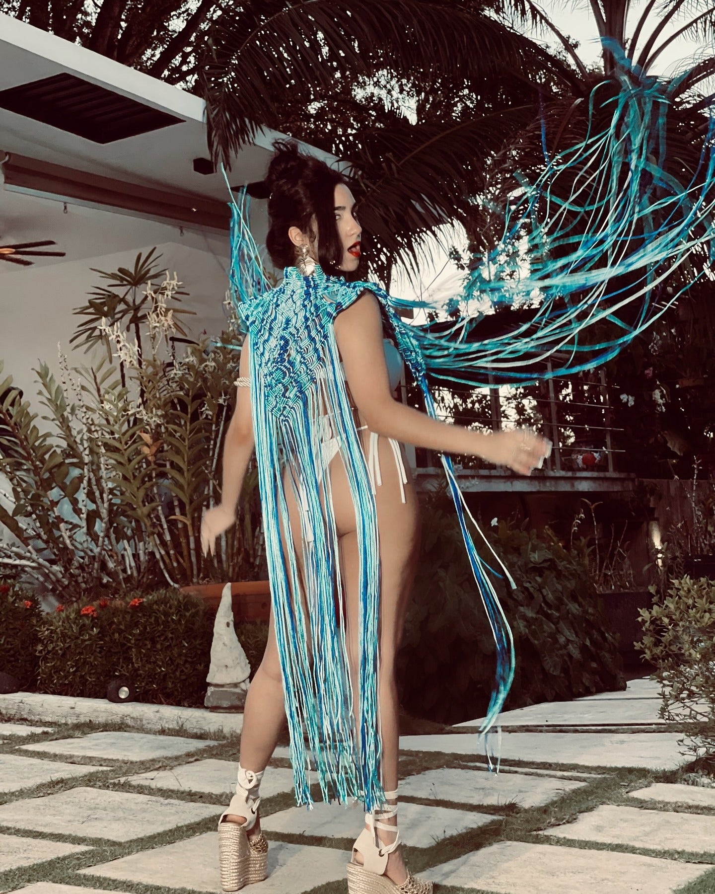 Hand-woven blue macramé robe for swimwear