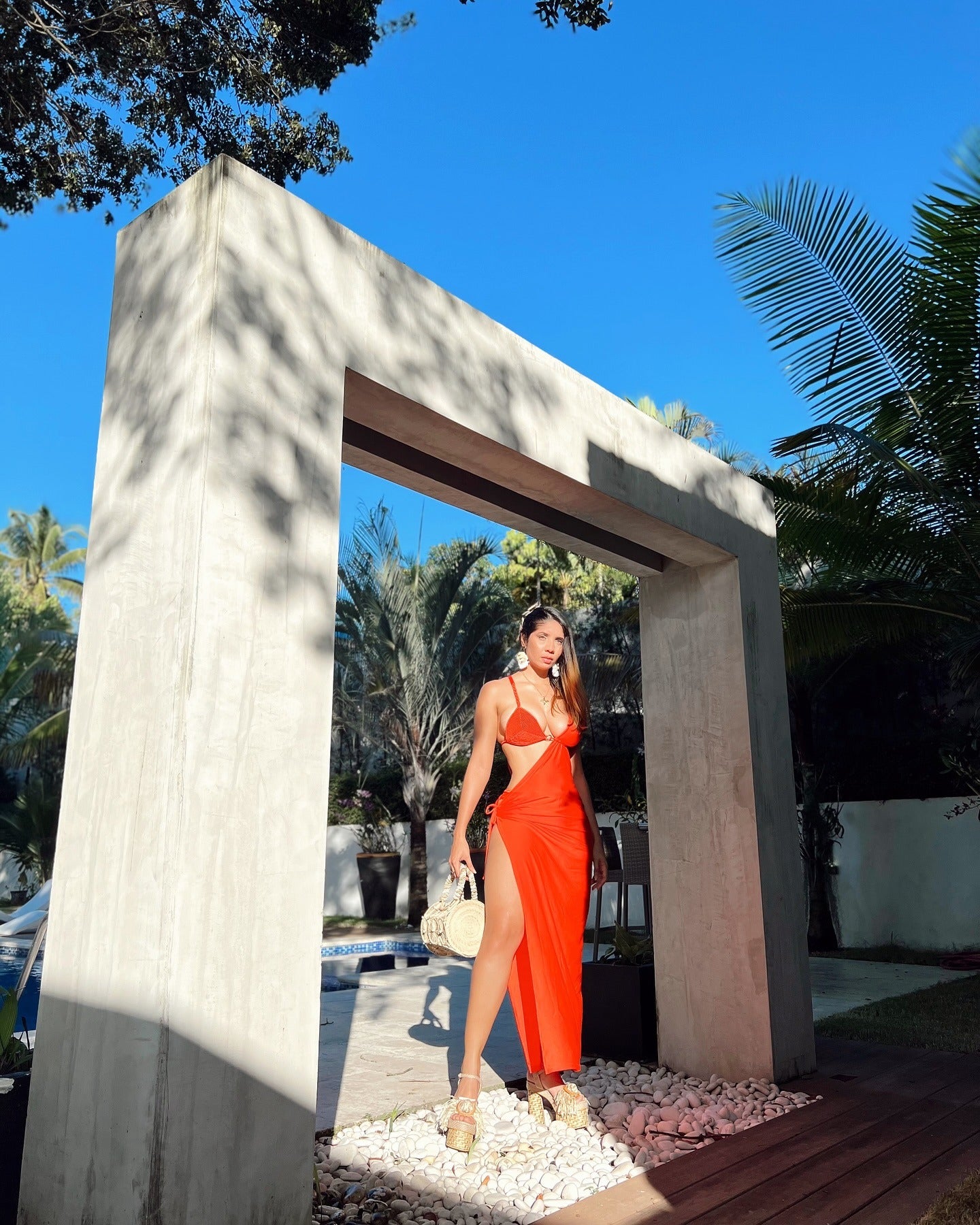 Macrame two-piece orange swimsuit with woven robe