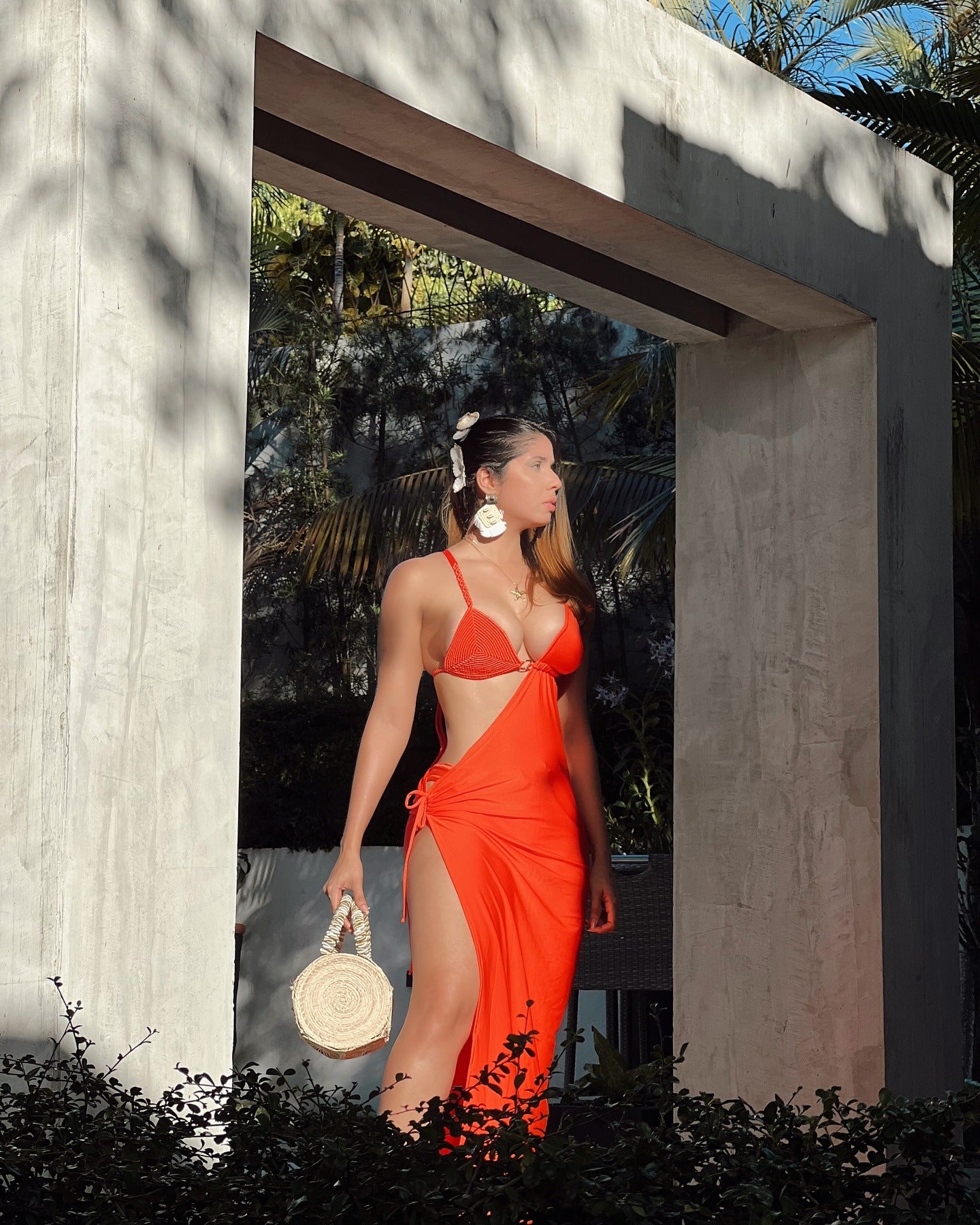 Macrame two-piece orange swimsuit with woven robe