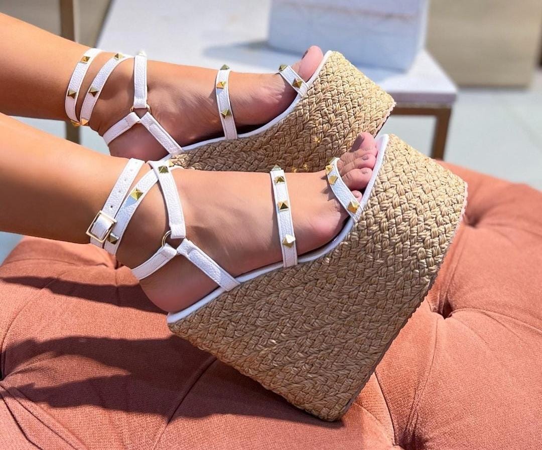 White woven platform heels with gold detailing