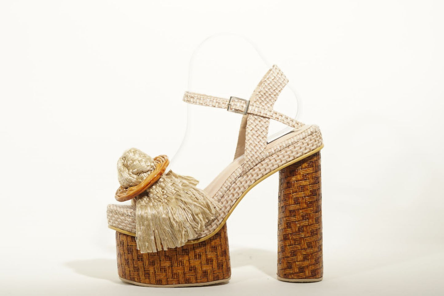 Beige woven platform heels with earth-toned details