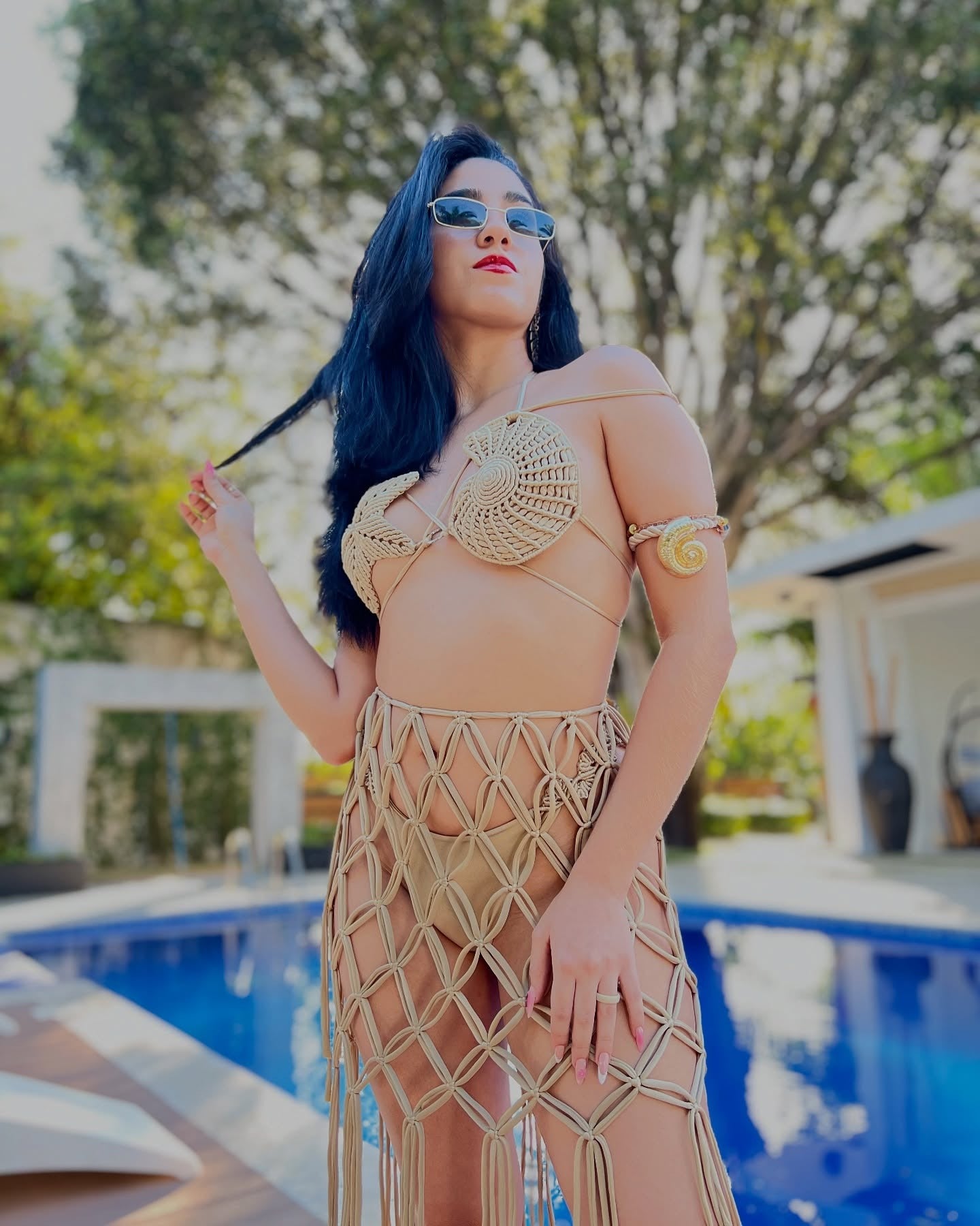 Cream snail-shaped macrame swimsuit