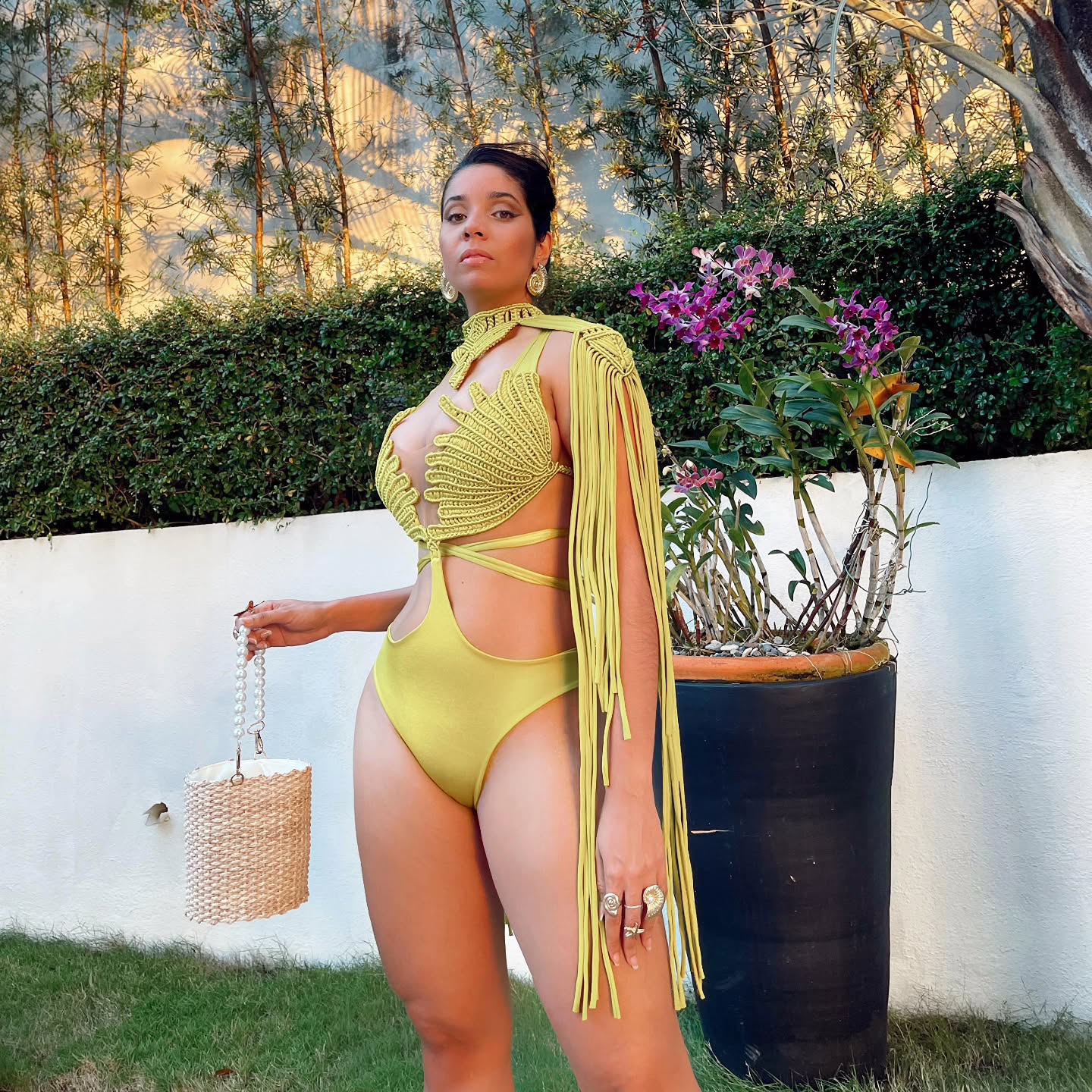 Olive green hand-knitted swimsuit one piece