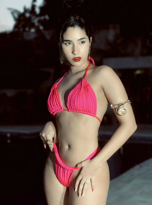 Pink macrame two-piece swimsuit