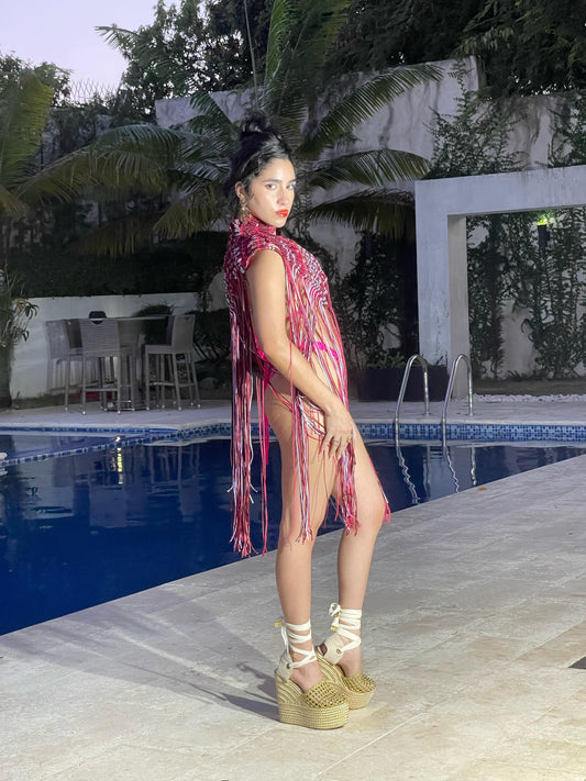 Hand-woven pink macramé robe for swimwear