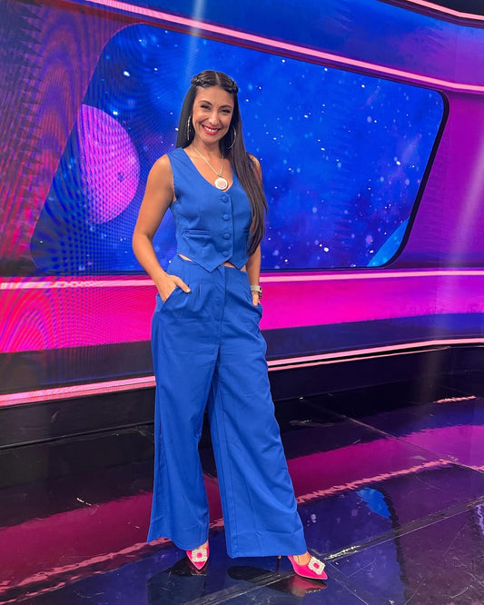 blue set, sleeveless blouse, palazzo pants